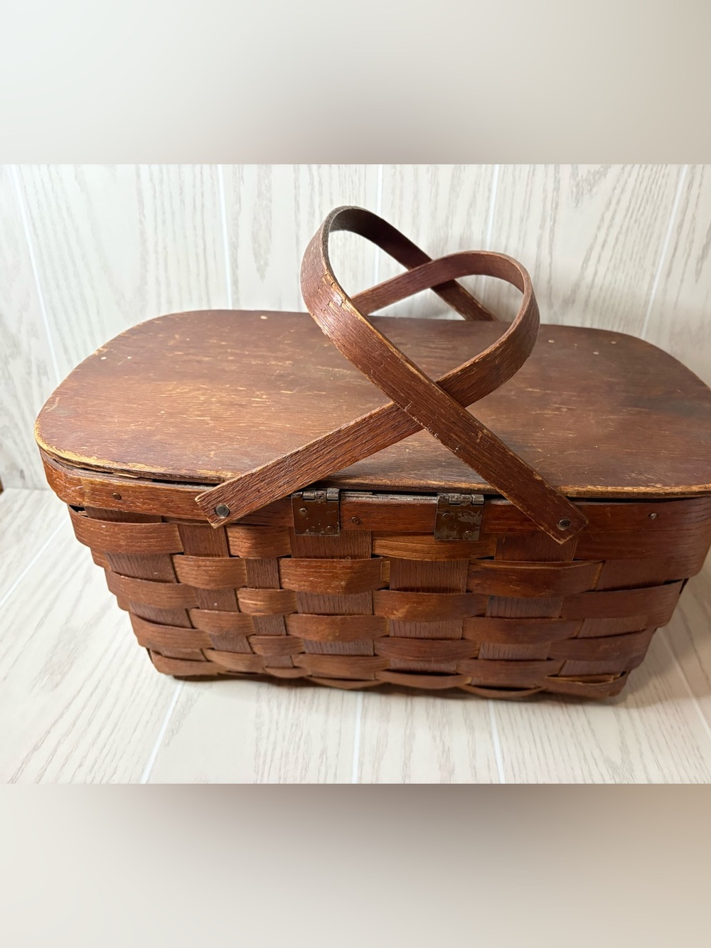 Vintage Woven Wood Picnic Basket Double Handle Hinged Lid Cottagecore Large